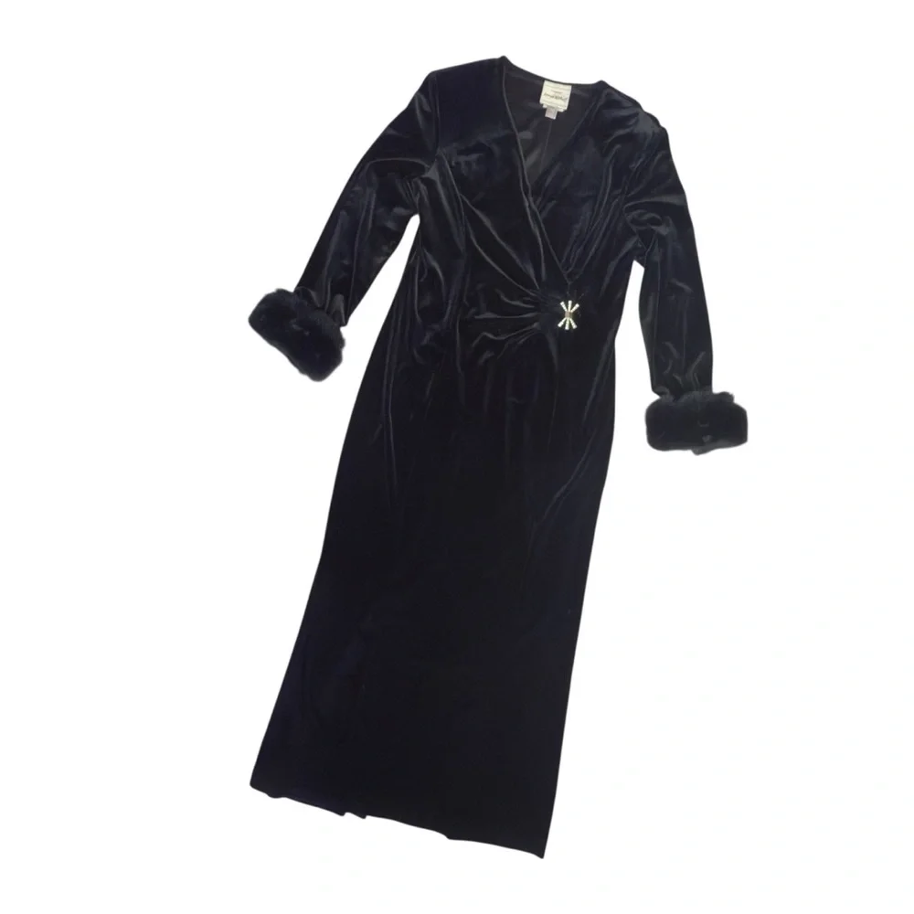 Vintage Joseph Ribkoff Black Velvet Faux Fur Cuffs Rhinestone Accent Gown Large - Picture 7 of 15